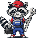 unser Maskottchen. Ein Waschbär in Monteuersoutfit